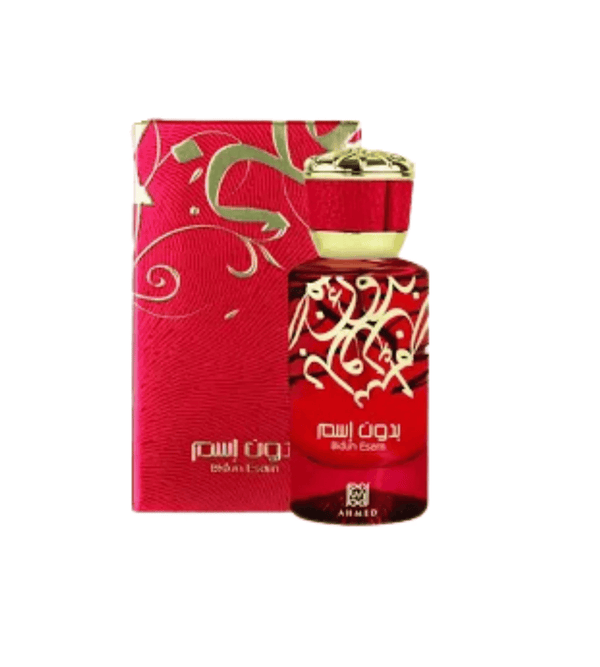 Red perfume bottle with gold accents and matching red packaging on a white background