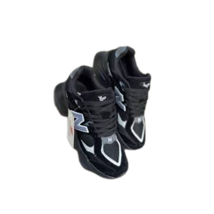 Black and gray athletic shoes with a brand logo on a white background