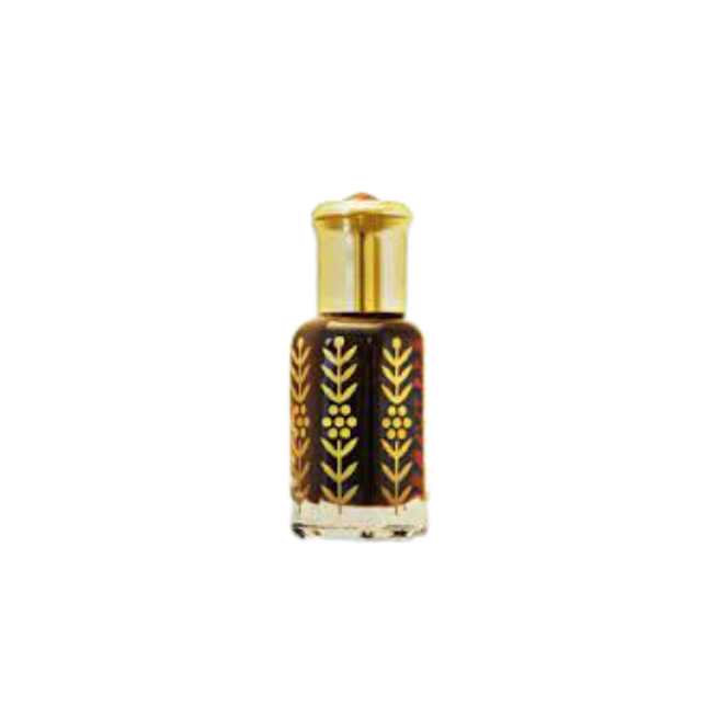 Perfume bottle with gold cap and black design on a white background