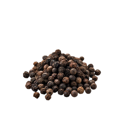 Pile of black peppercorns on a white background