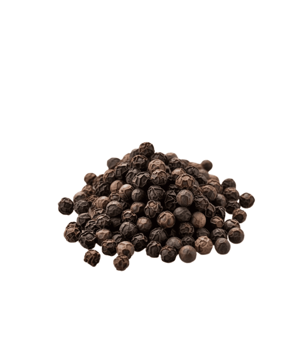 Pile of black peppercorns on a white background