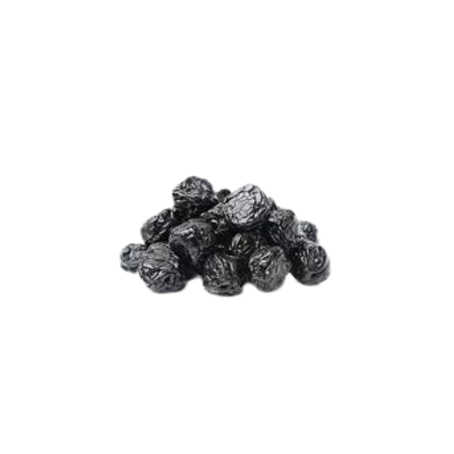 Pile of black dry black plum on a white background