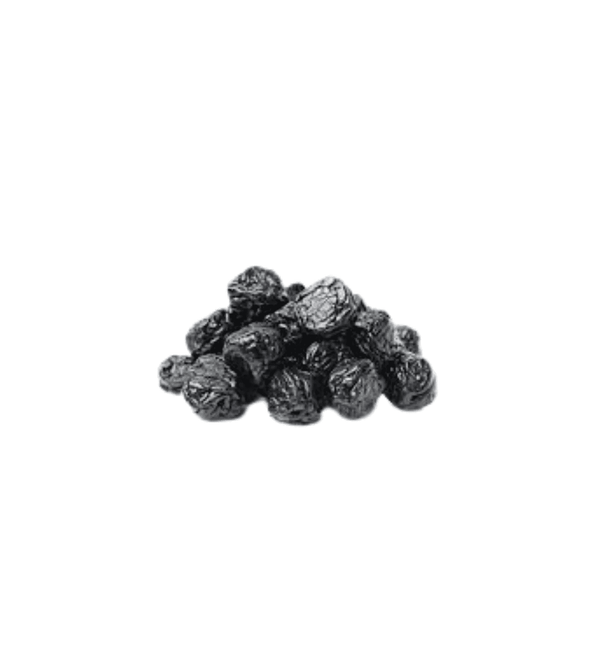 Pile of black dry black plum on a white background