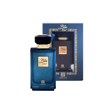 Blue perfume bottle with matching packaging on a white background