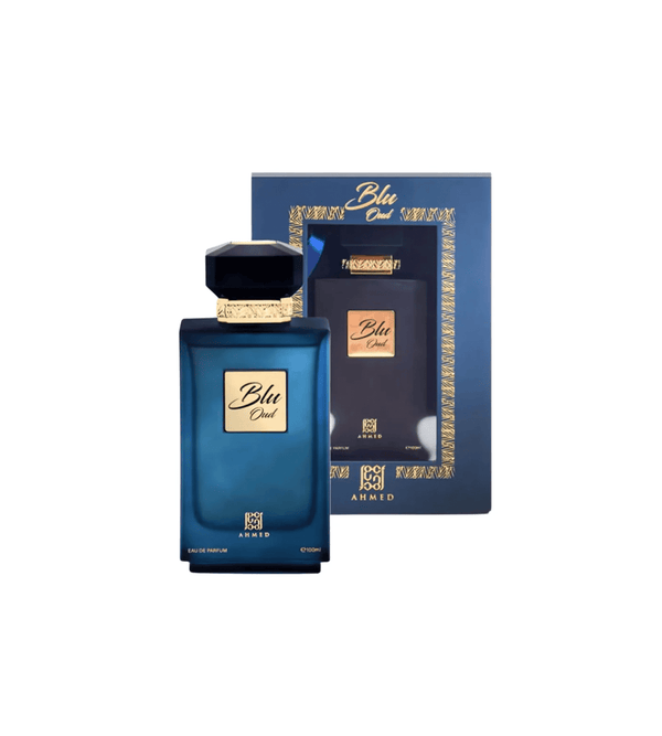 Blue perfume bottle with matching packaging on a white background