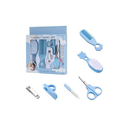 Blue baby care kit with various tools on a white background