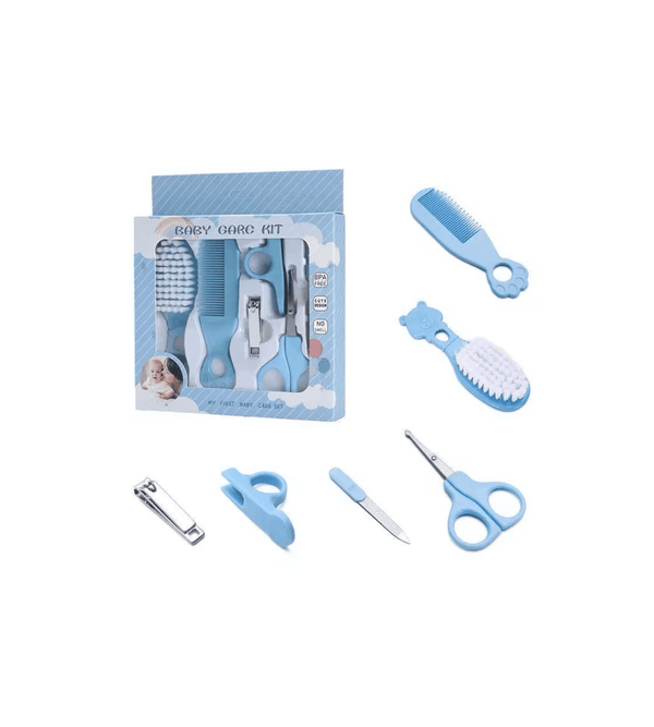 Blue baby care kit with various tools on a white background