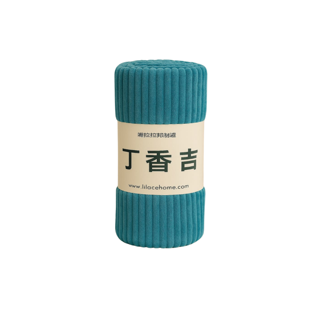 Teal cylindrical soft blanket with a label on a white background