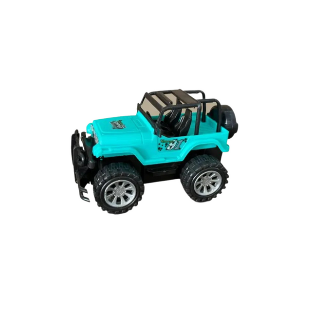Toy off-road vehicle in teal color on a white background