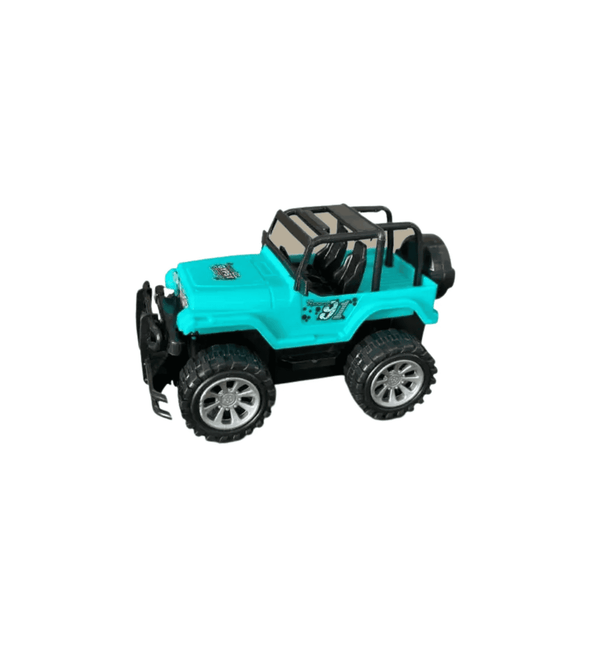 Toy off-road vehicle in teal color on a white background