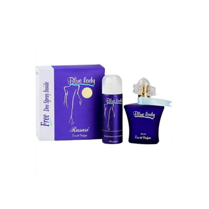 Blue Lady perfume set with bottle and packaging on a white background