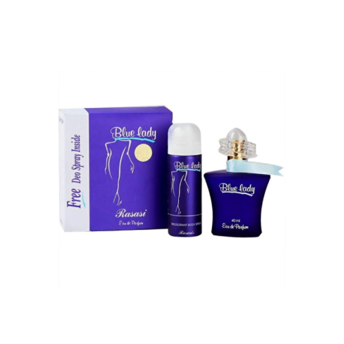 Blue Lady perfume set with bottle and packaging on a white background