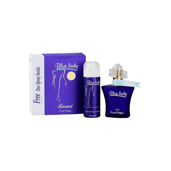 Blue Lady perfume set with bottle and packaging on a white background