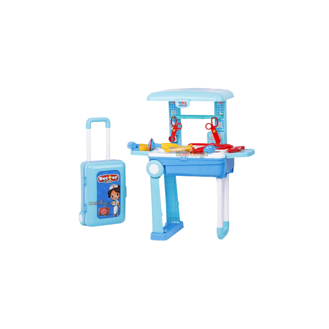 Toy workbench with tools and a suitcase on a white background