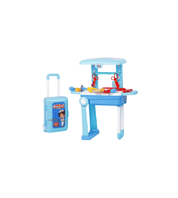 Toy workbench with tools and a suitcase on a white background