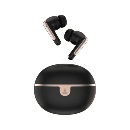 Black wireless earbuds with rose gold accents on a white background