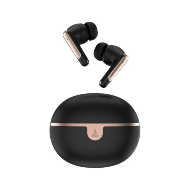 Black wireless earbuds with rose gold accents on a white background