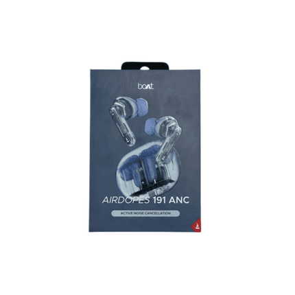 Box of Boat Airdopes 191 ANC earbuds on a white background