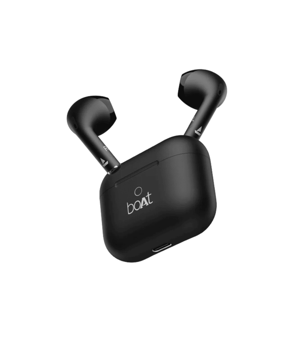 Black wireless earbuds with charging case on a white background, featuring the brand 'boat'.