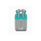 Gray and teal wireless earbuds in a charging case on a white background