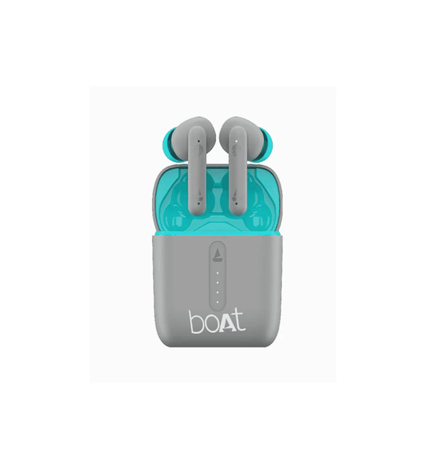Gray and teal wireless earbuds in a charging case on a white background