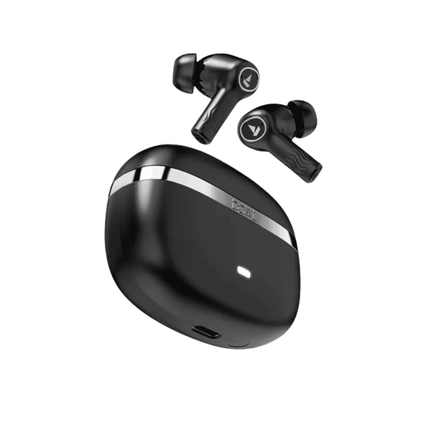 Black  wireless earbuds with charging case on a white background