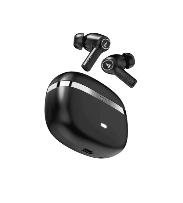 Black  wireless earbuds with charging case on a white background