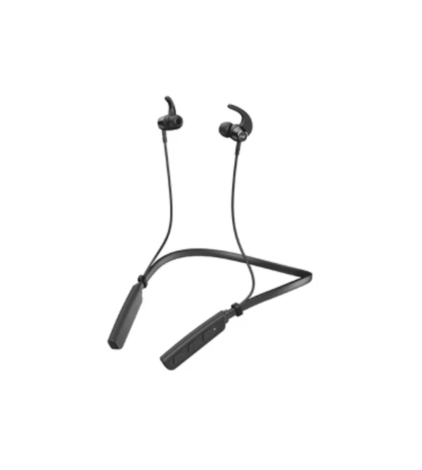 Black neckband headphones on a white background