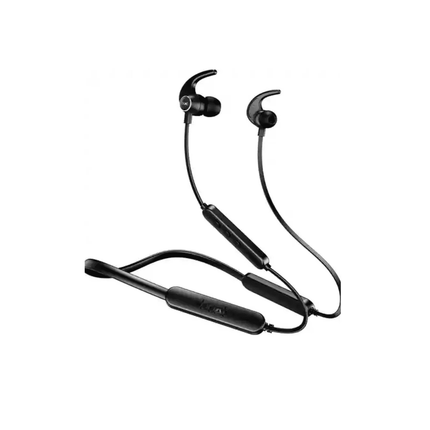 Black wireless earbuds with a neckband on a white background