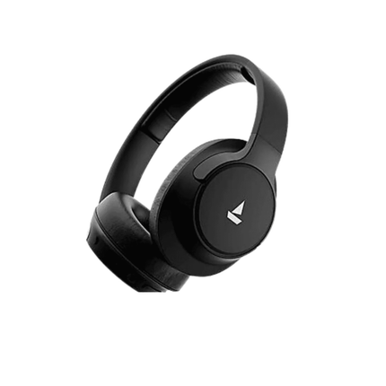 Black headphones with a brand logo on a white background