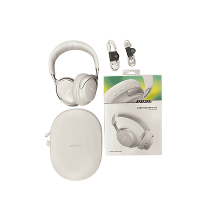 Set of Bose quiet comfort ultra headphone with charger & bob on white background