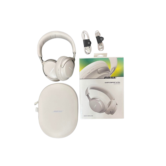 Set of Bose quiet comfort ultra headphone with charger & bob on white background