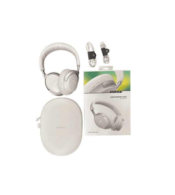 Set of Bose quiet comfort ultra headphone with charger & bob on white background