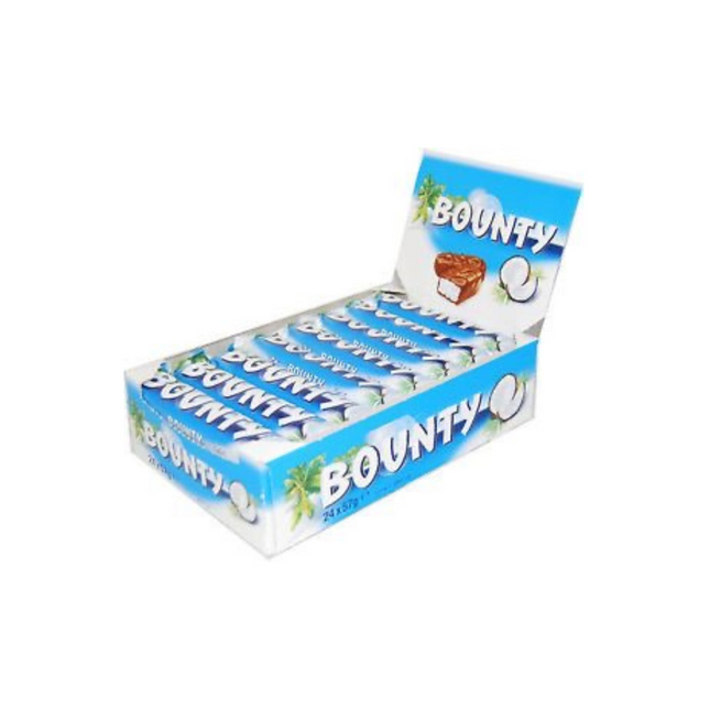 Box of Bounty chocolate bars on a white background