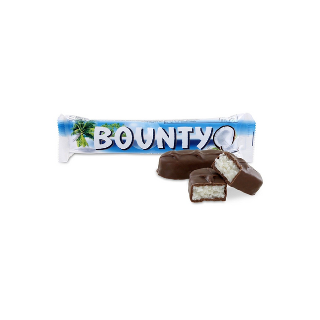 Bounty chocolate bar with packaging on a white background