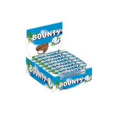 Box of Bounty chocolate bars on a white background