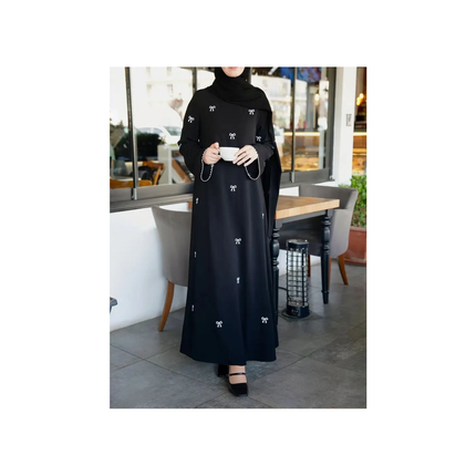 Bow embroidered abaya on white background