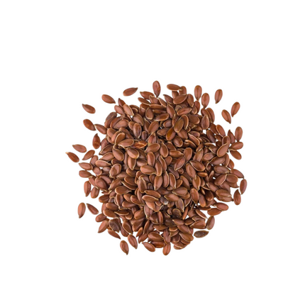 Pile of brown flaxseeds on a white background