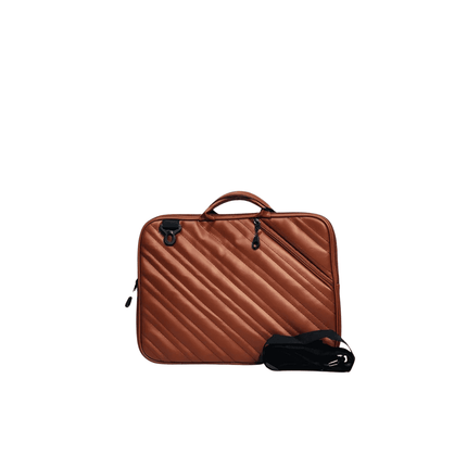 Brown suitcase with a black strap on a white background