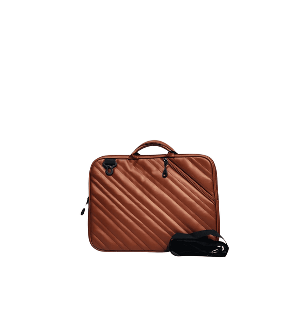 Brown suitcase with a black strap on a white background