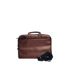 Brown leather briefcase with a black strap on a white background