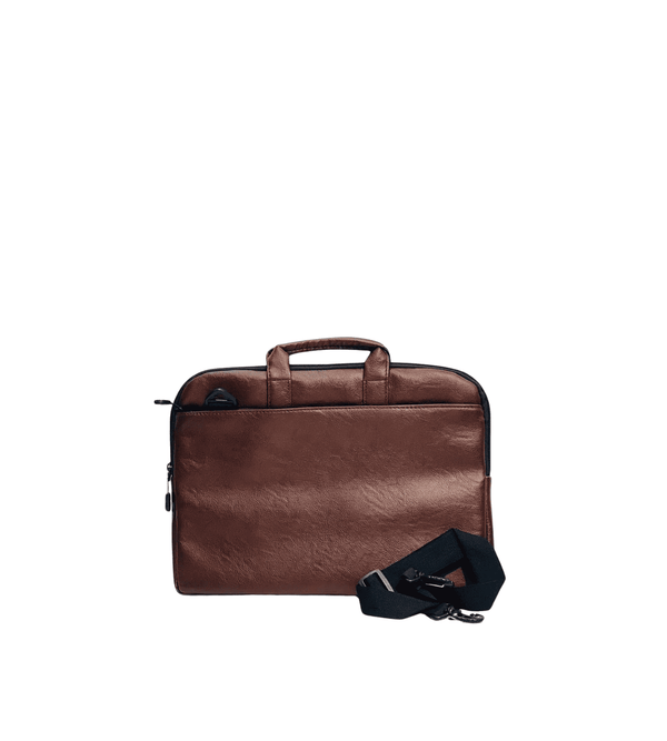 Brown leather briefcase with a black strap on a white background