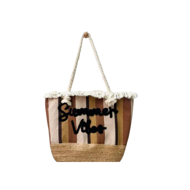 Striped beach bag with 'Summer Vibes' text on a white background