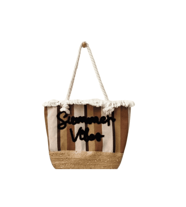 Striped beach bag with 'Summer Vibes' text on a white background