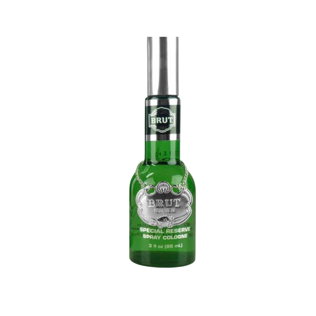 Green bottle of Brut Special Reserve spray cologne on a white background