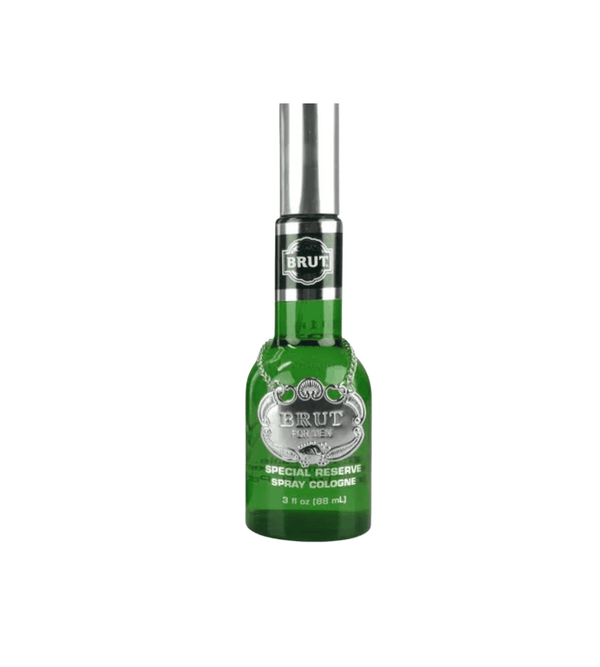 Green bottle of Brut Special Reserve spray cologne on a white background