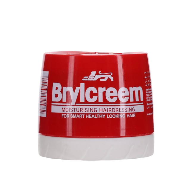 Red jar of Brylcreem hair product on a white background