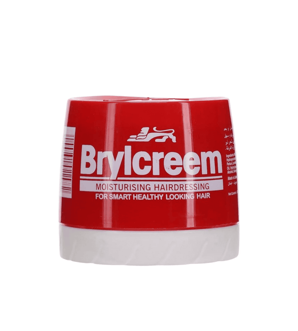 Red jar of Brylcreem hair product on a white background