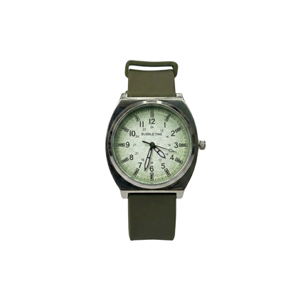 Watch with green strap and light green face on a white background