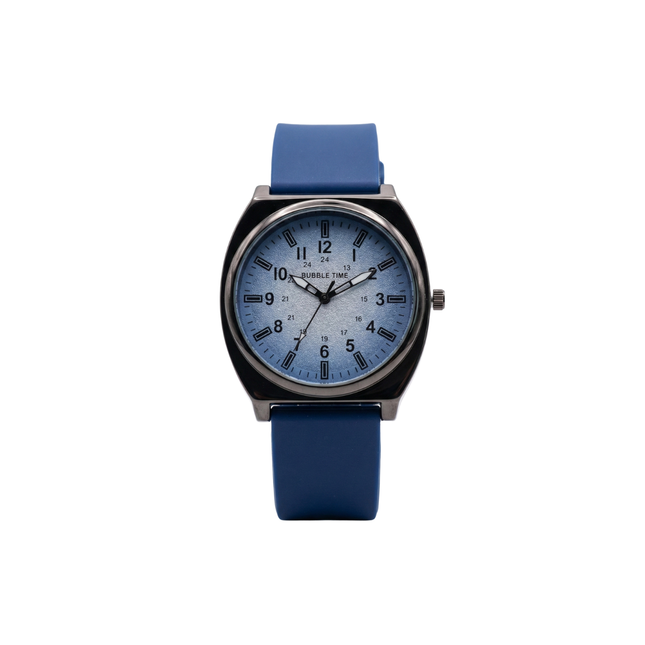 Watch with blue strap and blue face on a white background